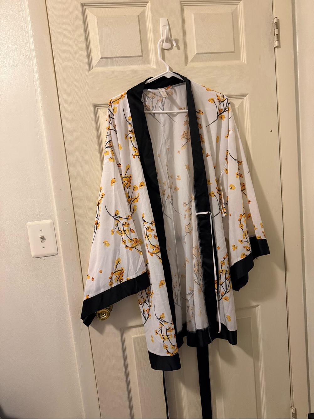 Floral Satin Kimono Jacket in White and Yellow with Black Trim